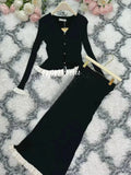 2024 Knitted Long Skirt Set Long sleeved Wooden Ear Edge Single breasted Cardigan Knitted Coat+High Waist Skirt Two piece Set black