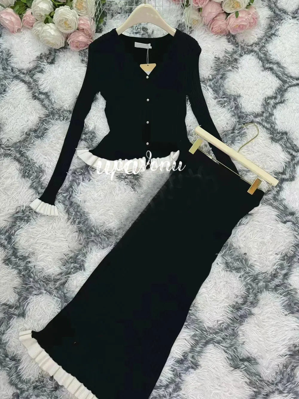 2024 Knitted Long Skirt Set Long sleeved Wooden Ear Edge Single breasted Cardigan Knitted Coat+High Waist Skirt Two piece Set black