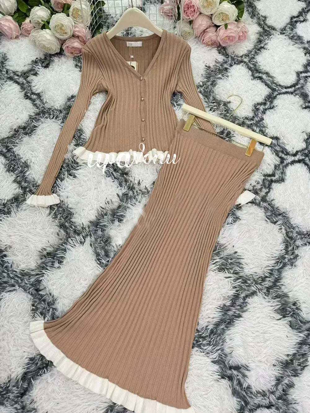 2024 Knitted Long Skirt Set Long sleeved Wooden Ear Edge Single breasted Cardigan Knitted Coat+High Waist Skirt Two piece Set Khaki