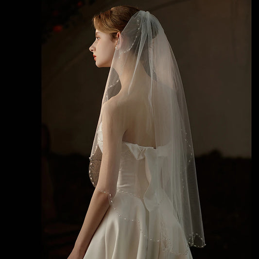 V737 Exquisite Bridal Veil for Wedding Dress One-Layer Handmade Beading Edge White Brides to Be Headdress Veil