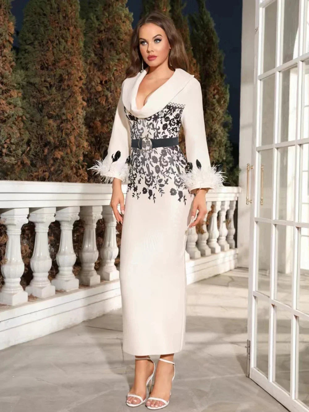 2024 Elegant Women's Long Bandage Dresses with Polo Collar Long Sleeves Feather Decoration Bodycon Print Design Dress+Belt WHITE