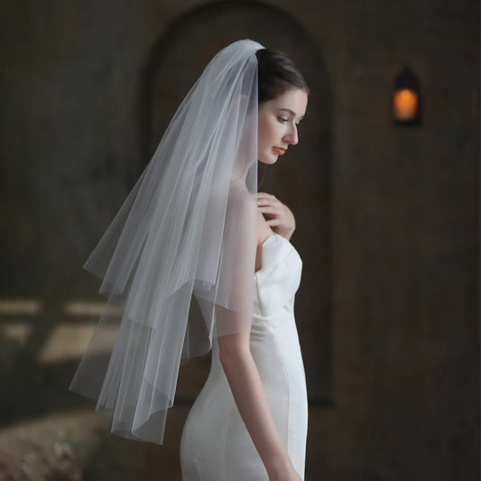 V841 Handmade Bridal Fingertips Veil Two-Layer Plain Tulle White Brides to Be Headdress Veil for Wedding Dress