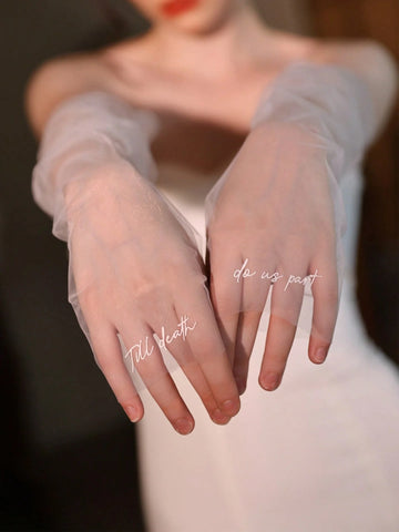 WG221 Personalized Heat-Pressed Letter Wedding Dress Sleeve Covers Long White Tulle Gloves for Brides Evening Parties