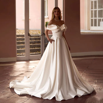 Simple A Line Wedding Gown For Women Off Shoulder Customized Wedding Dress Luxury Evening Bride Dresses vestido de noiva