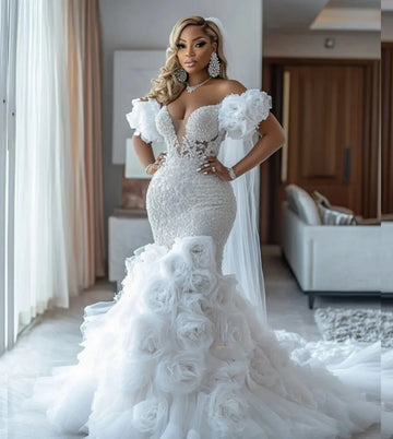 Exquisite African Mermaid Wedding Dress Off Shoulder 3D-Flowers Lace Appliques Tulle Bridal Bride Grown Vestidos De Noiva