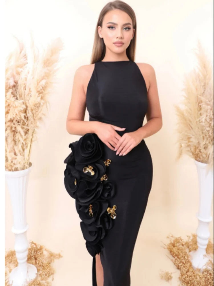 New Arrival Women Sleeveless Sexy O-Neck Florals Bodycon Bandage Long Dress Celebrate Evening Party Nightclub Birthday Dress