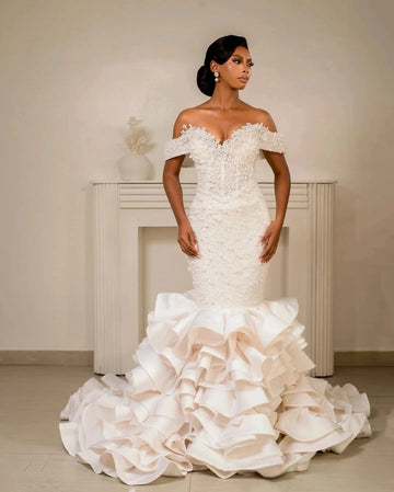 Luxury Mermaid Wedding Dress 2026 Off the Shoulder Pearls Beads Tier Ruffles Train Bridal Bride Grown Arabic Vestidos De Noiva