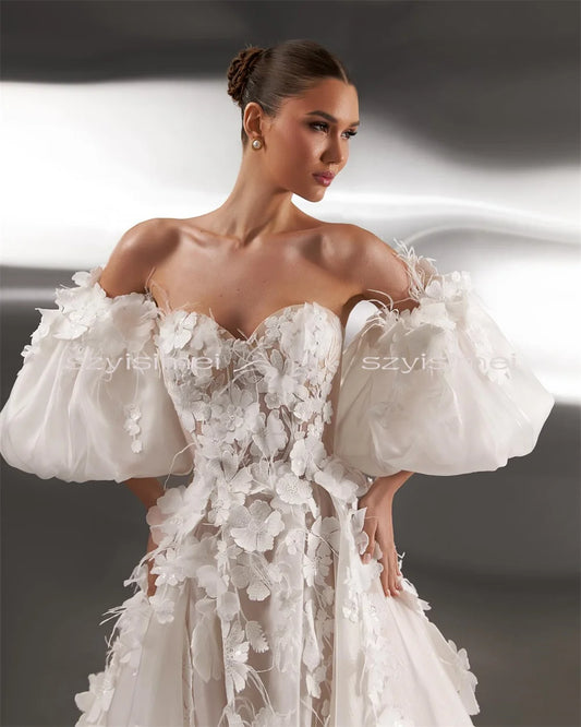 Luxurious Sweetheart Lace Wedding Dress Puff Sleeve A-line Bridal Gowns Sweep Train Evening Gowns vestido de novia para boda