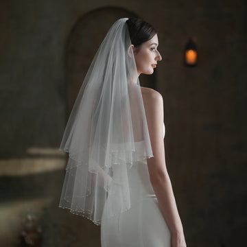 V847 Wedding Bridal Handmade Veil Two-Layer Plain Tulle Pearls Beading Elbow Bride to Be Headdress Veil