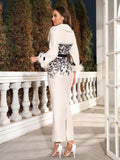 2024 Elegant Women's Long Bandage Dresses with Polo Collar Long Sleeves Feather Decoration Bodycon Print Design Dress+Belt