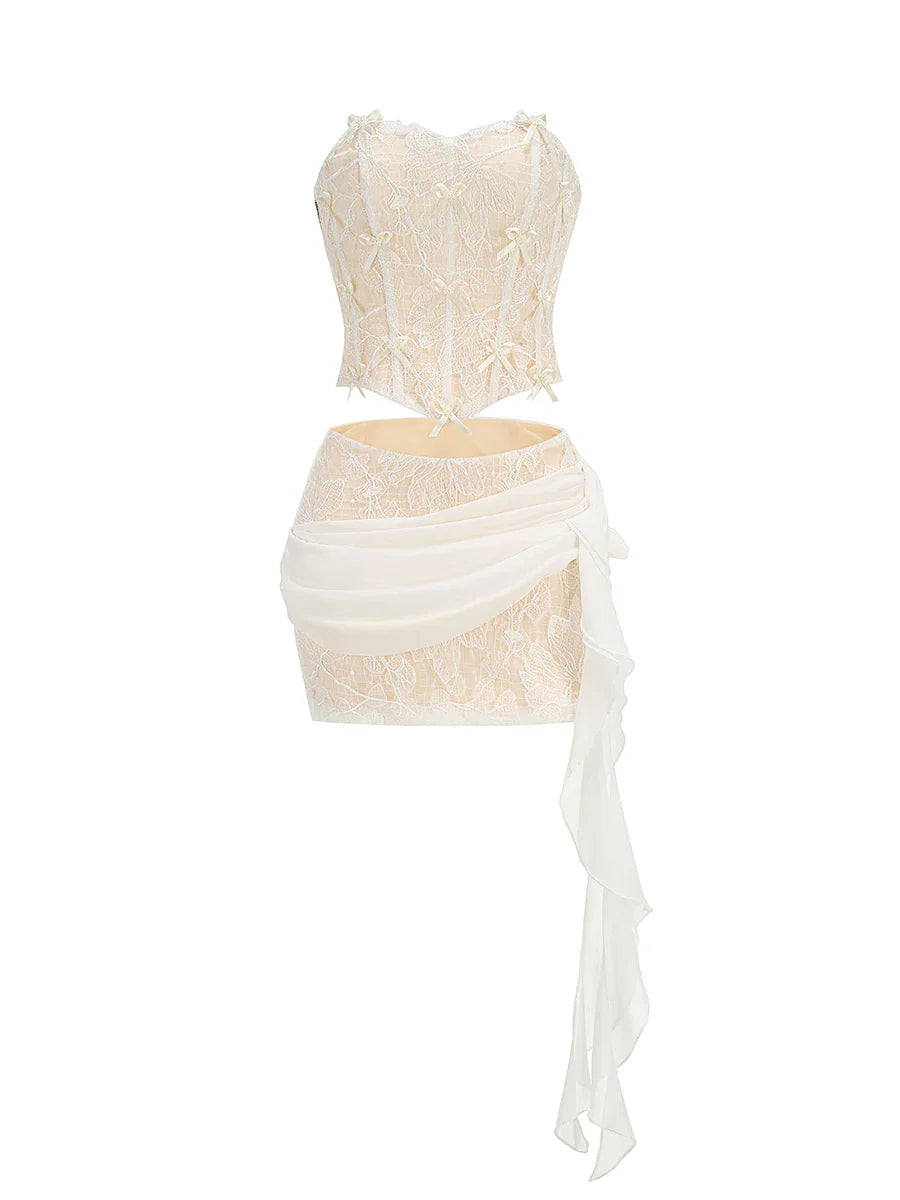 2024 New Fashion White Color Women Sexy Strapless 2 Pieces Bodycon Lace Draped Mini Dress Birthday Party Girls' Date Outfit