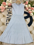 2024 Listing Elegant Striped Knit Dress Women O-neck Sleeveless A-line Dresses Club Evening Party Midi Vestido SKY BLUE