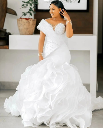 Sparkly Pearls Beads Wedding Dress Sheer O-Neck Illusion Long Sleeves Cascading Ruffles Bridal Bride Grown Vestidos De Noiva