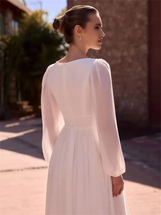 Sexy Deep V Neck A-Line Wedding Dress Long Sleeves Bridal Gown Front Split White Evening Dresses vestido de noiva