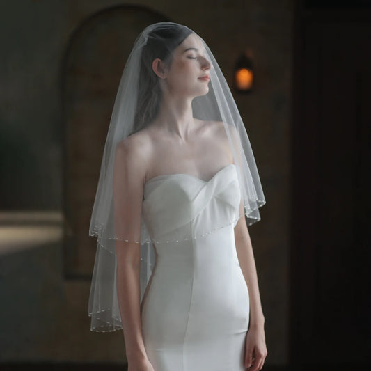 V847 Wedding Bridal Handmade Veil Two-Layer Plain Tulle Pearls Beading Elbow Bride to Be Headdress Veil