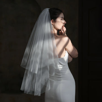 V841 Handmade Bridal Fingertips Veil Two-Layer Plain Tulle White Brides to Be Headdress Veil for Wedding Dress