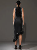 2024 Chic Women Heavy Industry Embroidery Patchwork Bandage Dress O-neck Sleeveless Bodycon Asymmetric Midi Dress Party Vestidos