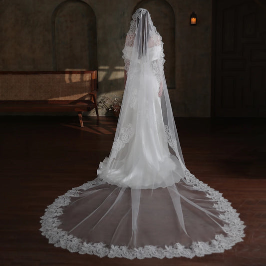 V863 Luxury Royal Wedding Bridal Cathedral Veil One-Layer Lace Appliqued White Long Brides Handmade Women Headdress Veil