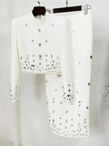 2024 Heavy Industry Nail Bead Inlaid Diamond Short Skirt Set O-neck Long Sleeve Slim Fit Short Top+Nail Bead Skirt Two Piece Set White long style