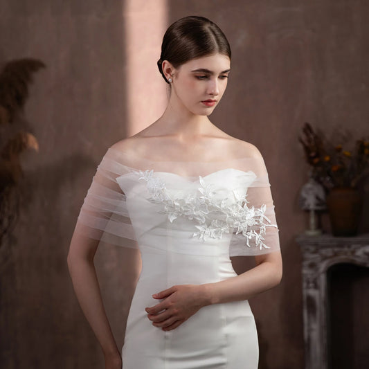 V324 Elegant Wedding Dress Wraps Tulle Lace Applique White Bridal Shawl Women Marriage Pageant Prom Accessories
