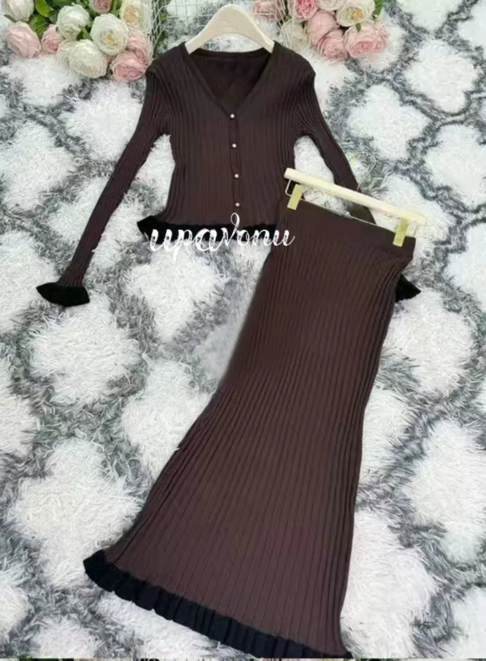2024 Knitted Long Skirt Set Long sleeved Wooden Ear Edge Single breasted Cardigan Knitted Coat+High Waist Skirt Two piece Set Chocolate