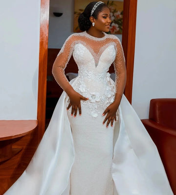 Luxury Mermaid Wedding Dress with Detachable Train O-neck Illusion Sleeves Beads Flowers Bridal Bride Grown Vestidos De Noiva