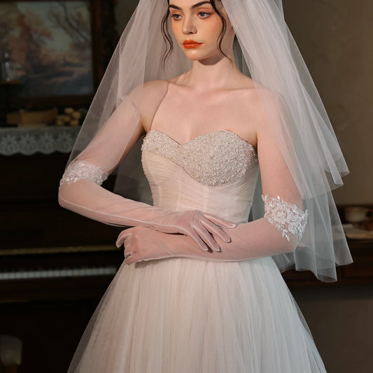 WG216 Long Wedding Dress Gloves White Lace Beaded Bridal Gown Evening Party Accessory