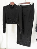 2024 Heavy Industry Nail Bead Inlaid Diamond Short Skirt Set O-neck Long Sleeve Slim Fit Short Top+Nail Bead Skirt Two Piece Set Black long style