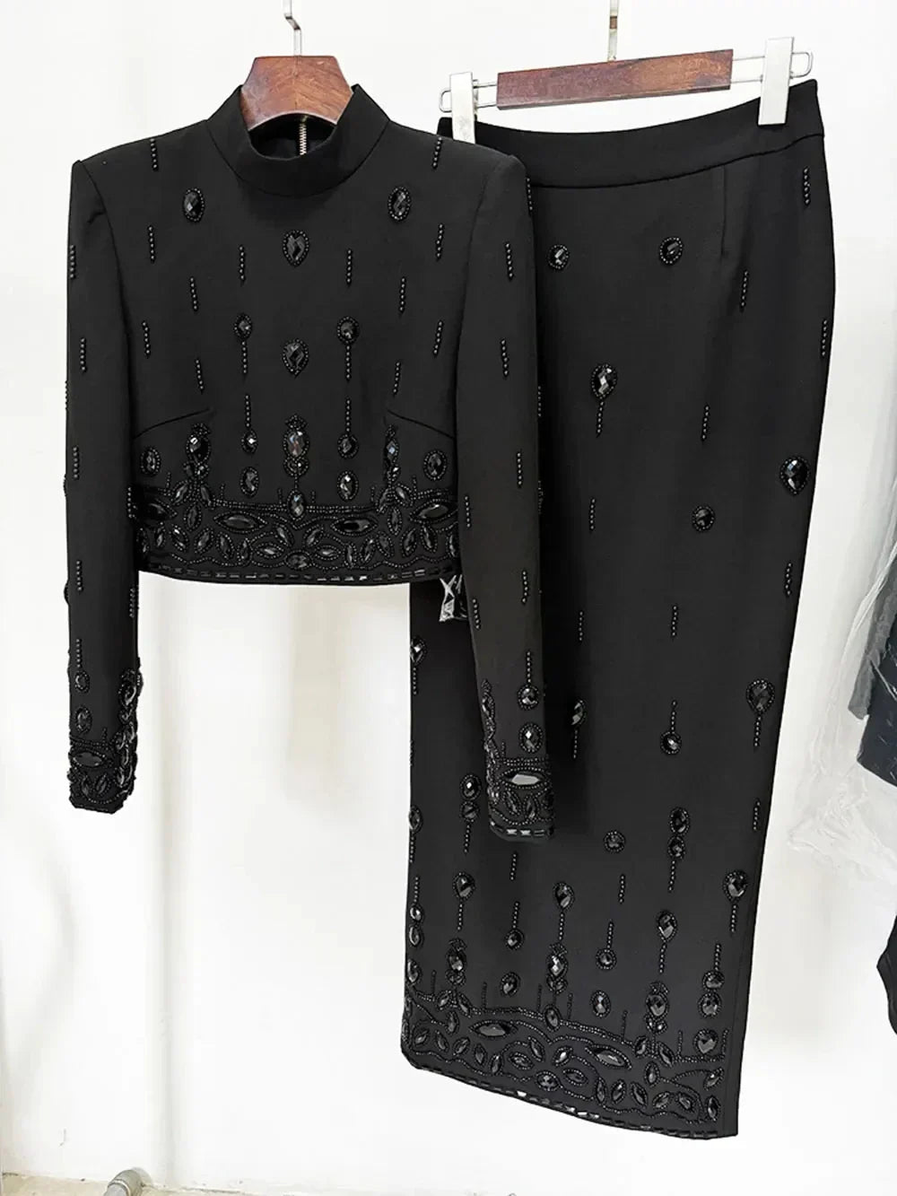 2024 Heavy Industry Nail Bead Inlaid Diamond Short Skirt Set O-neck Long Sleeve Slim Fit Short Top+Nail Bead Skirt Two Piece Set Black long style