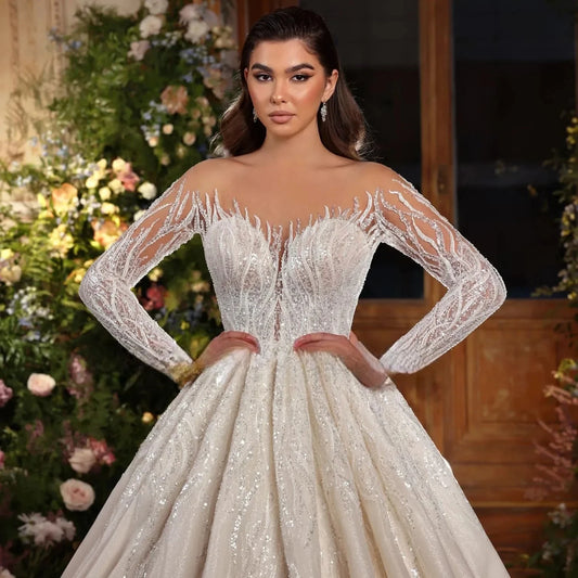 Luxury Beaded Sequined Wedding Dresses Sheer O-neck Long Illusion Sleeves Bride Dress Bridal Gowns Dubai Vestido De Noiva