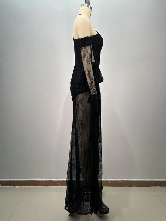 Women's Light Luxury Lace Maxi Dress Diagonal Collar Lace Long Sleeve Bodycon Draped Split Sexy Long Dresses Party Vestidos