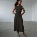 2024 Listing Elegant Striped Knit Dress Women O-neck Sleeveless A-line Dresses Club Evening Party Midi Vestido black