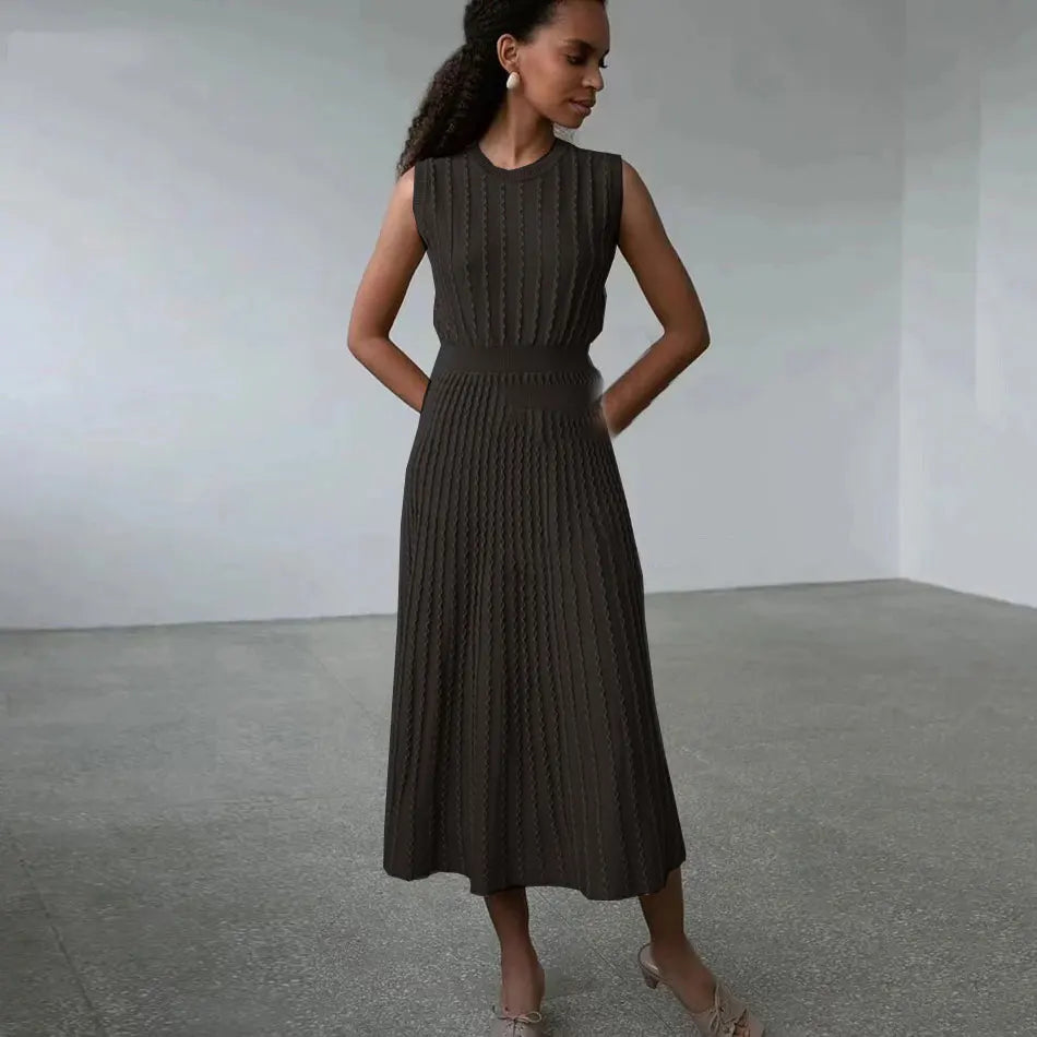 2024 Listing Elegant Striped Knit Dress Women O-neck Sleeveless A-line Dresses Club Evening Party Midi Vestido black