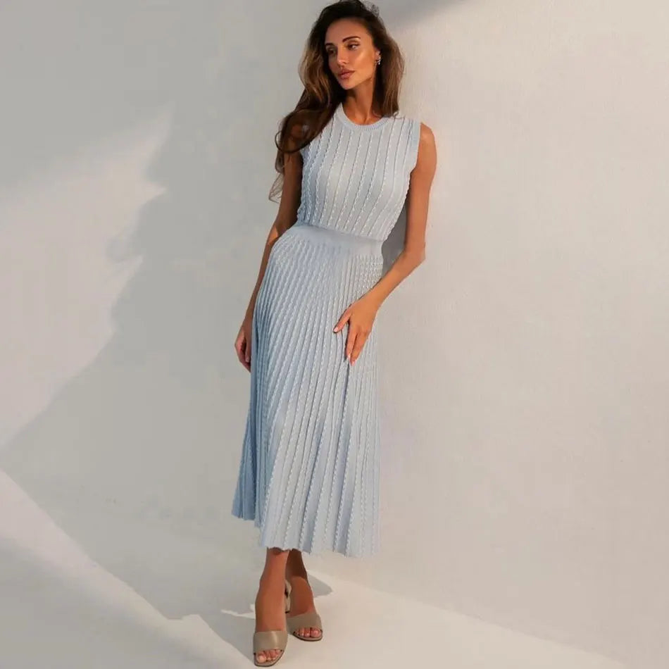 2024 Listing Elegant Striped Knit Dress Women O-neck Sleeveless A-line Dresses Club Evening Party Midi Vestido